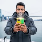 Traveler in a winter coat holds a smartphone with a green-and-yellow case next to a carry-on at Montreal’s Old Port, with the city skyline and Jacques Cartier Bridge softly out of focus.