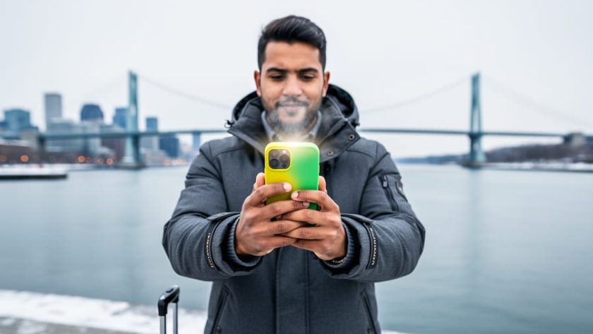 Traveler in a winter coat holds a smartphone with a green-and-yellow case next to a carry-on at Montreal’s Old Port, with the city skyline and Jacques Cartier Bridge softly out of focus.