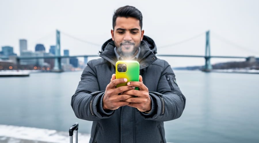 Traveler in a winter coat holds a smartphone with a green-and-yellow case next to a carry-on at Montreal’s Old Port, with the city skyline and Jacques Cartier Bridge softly out of focus.
