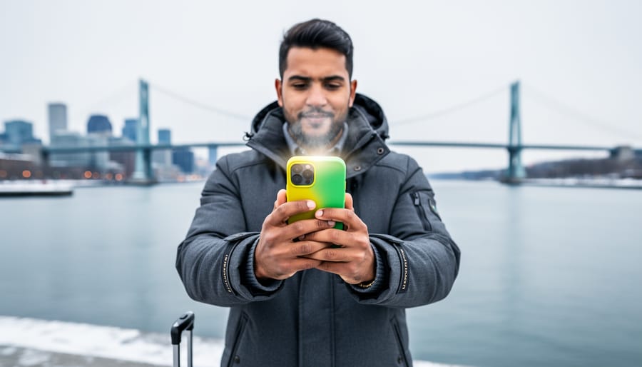 Traveler in a winter coat holds a smartphone with a green-and-yellow case next to a carry-on at Montreal’s Old Port, with the city skyline and Jacques Cartier Bridge softly out of focus.