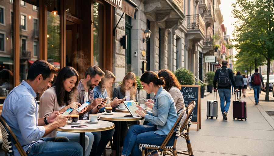 Person using smartphone at Montreal café with historic street in background