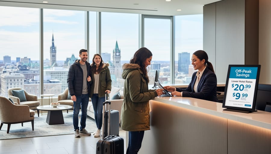 Travelers checking into boutique hotel with attentive service during quiet season