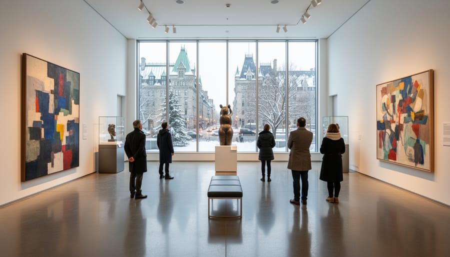 Spacious museum gallery with few visitors enjoying art in peaceful setting