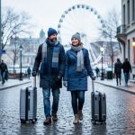 Two travelers in coats pulling carry-on suitcases along a quiet cobblestone street in Old Montreal on an overcast day, warm window light and minimal crowds, with the Old Port ferris wheel faintly visible in the background.