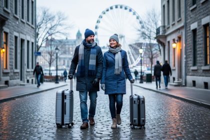 Two travelers in coats pulling carry-on suitcases along a quiet cobblestone street in Old Montreal on an overcast day, warm window light and minimal crowds, with the Old Port ferris wheel faintly visible in the background.
