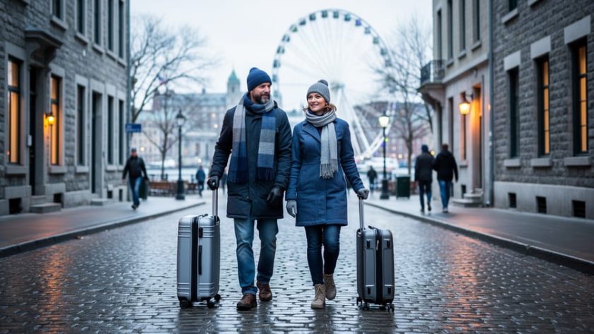 Two travelers in coats pulling carry-on suitcases along a quiet cobblestone street in Old Montreal on an overcast day, warm window light and minimal crowds, with the Old Port ferris wheel faintly visible in the background.