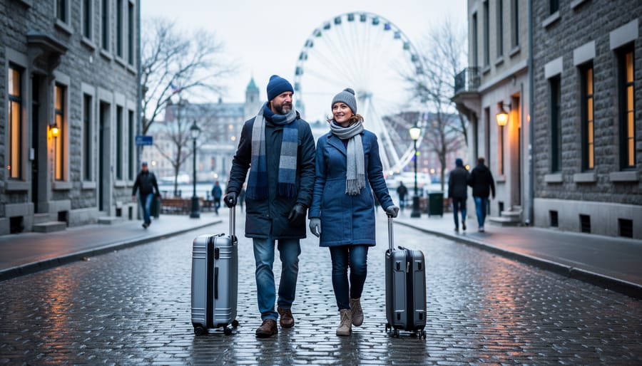 Two travelers in coats pulling carry-on suitcases along a quiet cobblestone street in Old Montreal on an overcast day, warm window light and minimal crowds, with the Old Port ferris wheel faintly visible in the background.