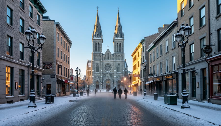 Snow-covered Old Port of Montreal with empty boardwalks during quiet winter season