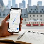 Traveler’s hand holding a smartphone and travel notes by a window with softly blurred Montreal rooftops and a distant streetcar.