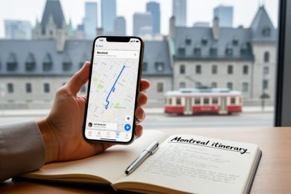 Traveler’s hand holding a smartphone and travel notes by a window with softly blurred Montreal rooftops and a distant streetcar.