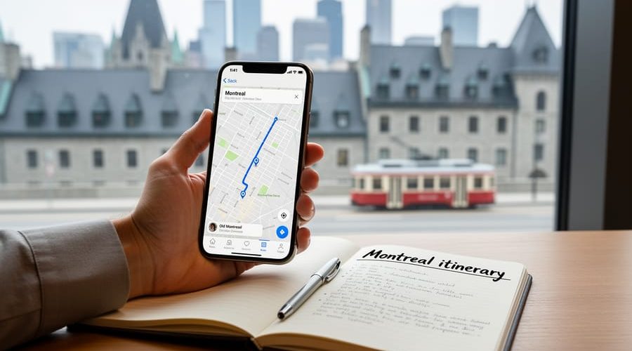 Traveler’s hand holding a smartphone and travel notes by a window with softly blurred Montreal rooftops and a distant streetcar.