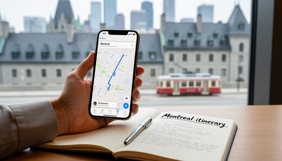 Traveler’s hand holding a smartphone and travel notes by a window with softly blurred Montreal rooftops and a distant streetcar.
