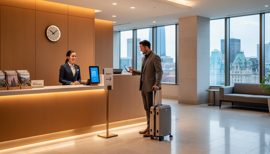Traveler checking in at a Montreal hotel reception desk