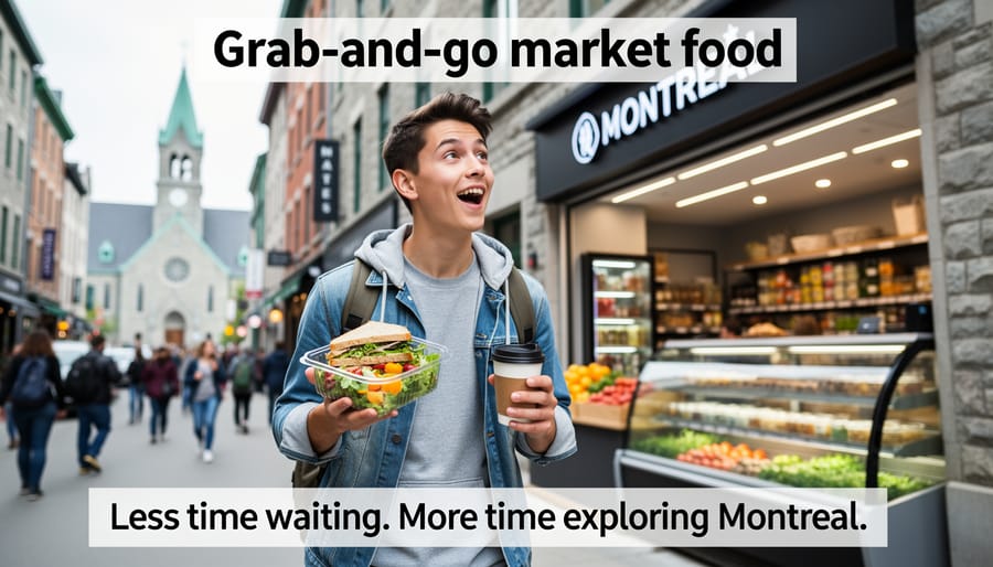 Prepared foods at a Montreal market counter ready for takeaway