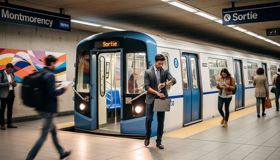 Busy traveler exiting a Montreal metro entrance with a day bag