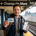 A traveler holding an OPUS card at a Montreal metro platform, photographed in bright daylight with blurred city landmarks behind them.
