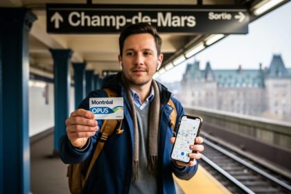 A traveler holding an OPUS card at a Montreal metro platform, photographed in bright daylight with blurred city landmarks behind them.