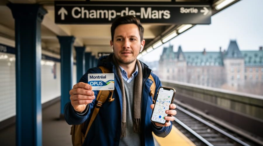 A traveler holding an OPUS card at a Montreal metro platform, photographed in bright daylight with blurred city landmarks behind them.