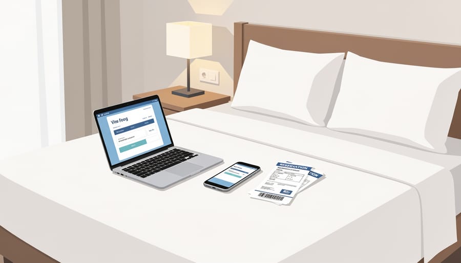 Smartphone and passport on a hotel bed in a bright room