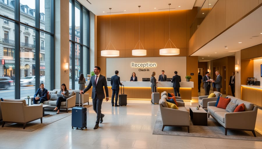 Travelers checking in at a modern Montreal hotel lobby with a concierge desk