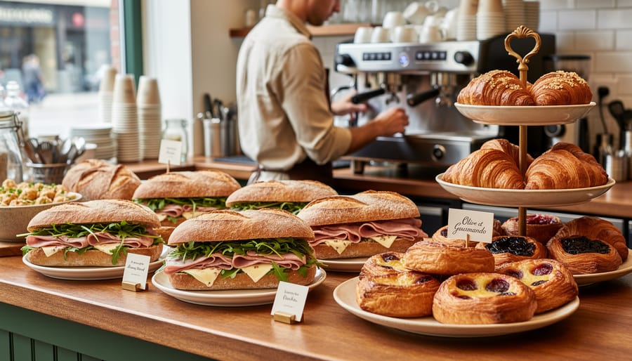 Assorted pastries and a sandwich on a café table with coffee in the foreground.
