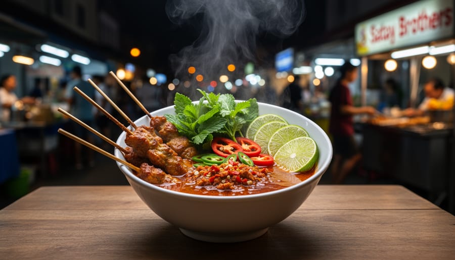 Close-up of a laksa bowl with noodles, broth, and fresh garnishes.
