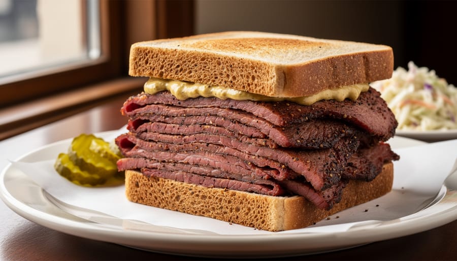 Close-up of a Montreal smoked meat sandwich on rye bread with mustard and pickles.