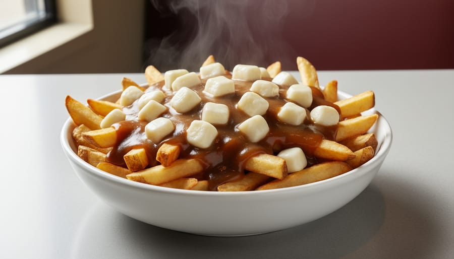Close-up of poutine with fries, brown gravy, and cheese curds in a paper boat container.