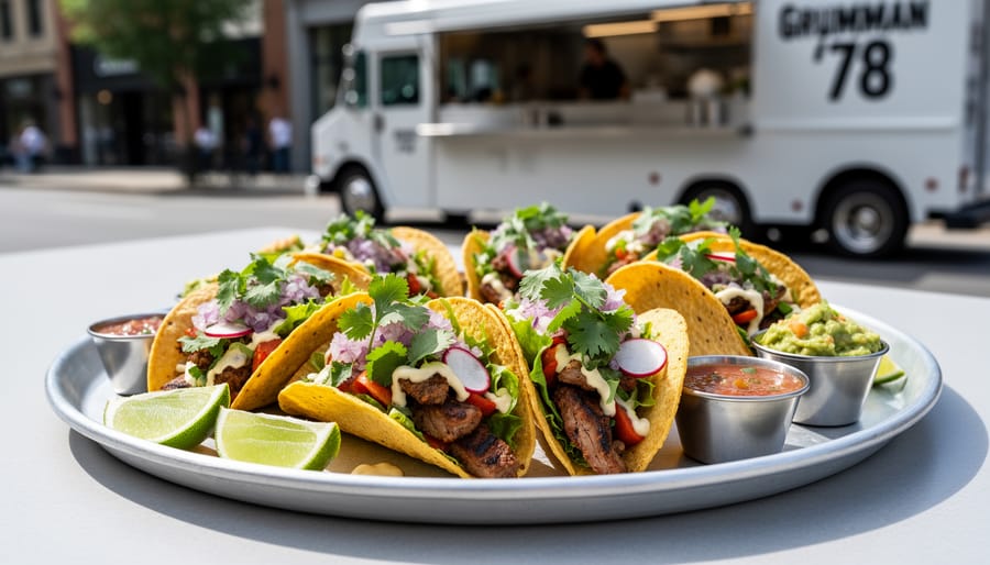 Close-up of two finished tacos with cilantro, onions, and lime on a wooden board.