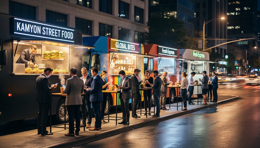 Food trucks parked on a Montreal street at dusk with people waiting at a service window.