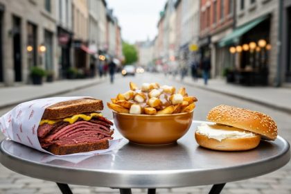 Montreal street food lineup featuring a smoked meat sandwich, poutine in a bowl, and a toasted bagel with cream cheese on a sidewalk table.