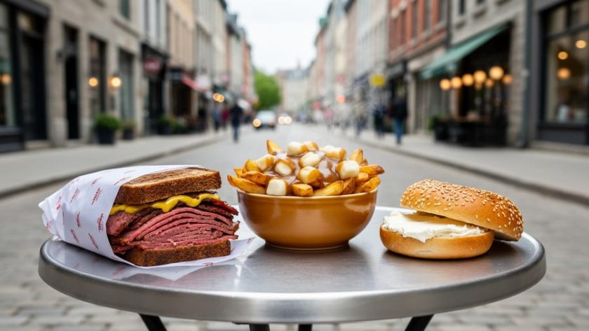 Montreal street food lineup featuring a smoked meat sandwich, poutine in a bowl, and a toasted bagel with cream cheese on a sidewalk table.