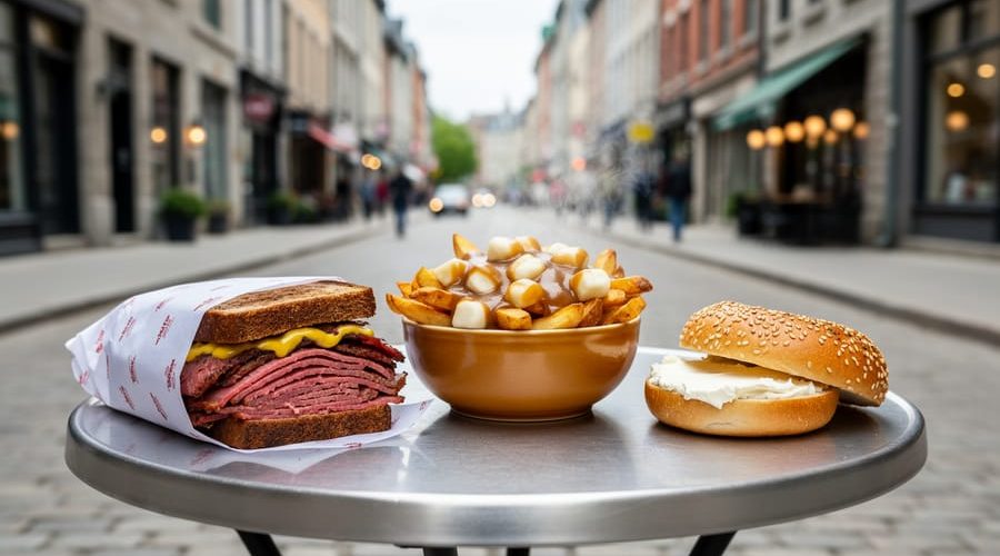 Montreal street food lineup featuring a smoked meat sandwich, poutine in a bowl, and a toasted bagel with cream cheese on a sidewalk table.