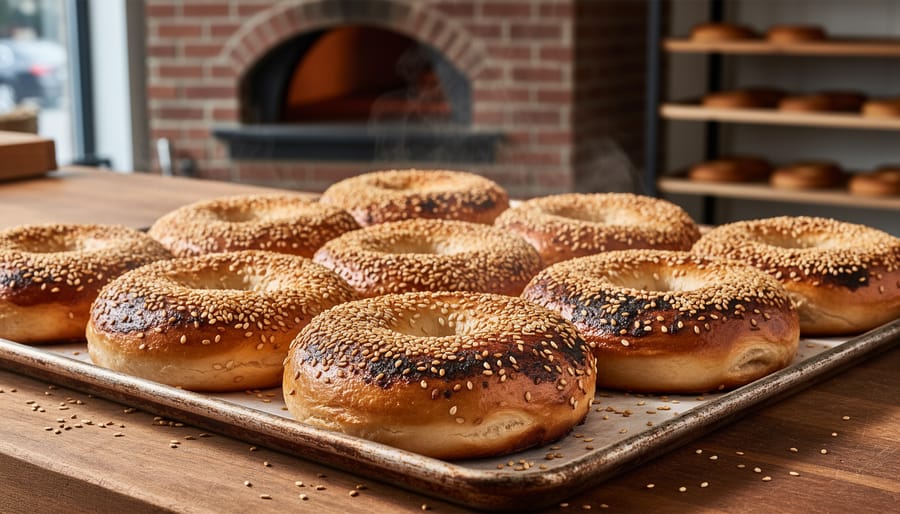 Sesame-topped Montreal-style bagels on a bakery tray with a sliced bagel half visible.