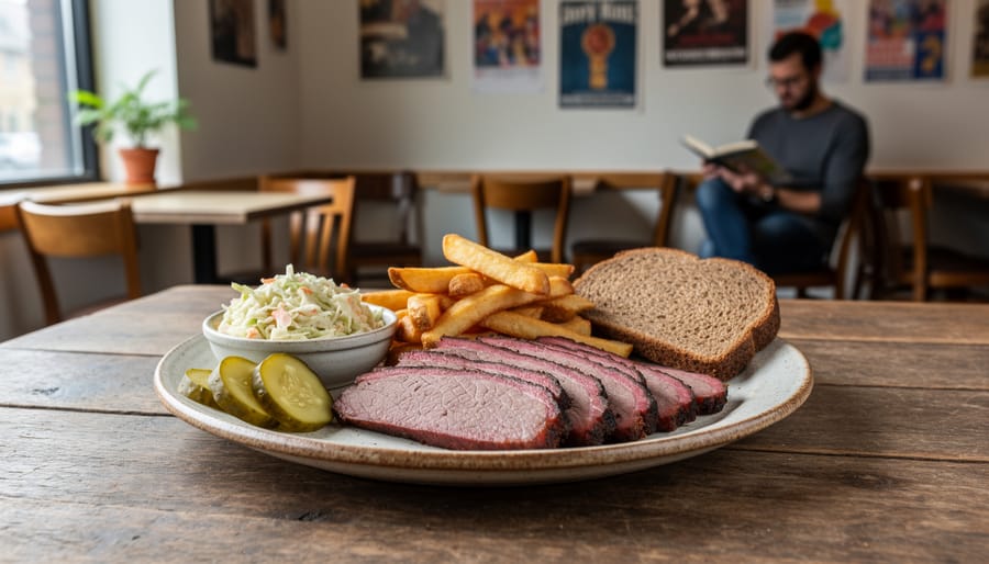 Smoked meat with rye bread and mustard served on parchment on a counter.