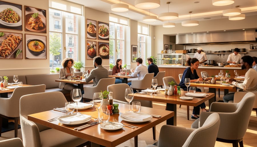 Diners at tables inside Le Central food hall near vendor counters.