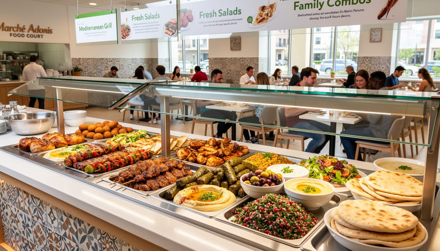 Close-up of Middle Eastern street-food dishes on a table in Marché Adonis Food Court with diners nearby.