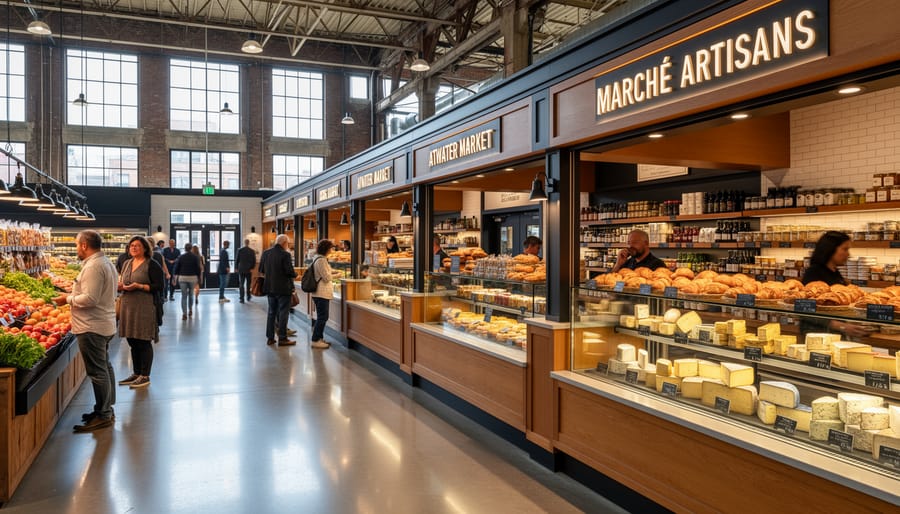 Market counter display with ready-to-eat foods at Atwater Market’s Marché Artisans, with a shopper reaching for items.
