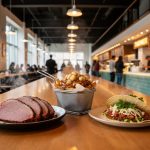 View of a Montreal food hall interior with vendor counters and communal tables, featuring plates of smoked meat, poutine, and tacos under warm lighting.