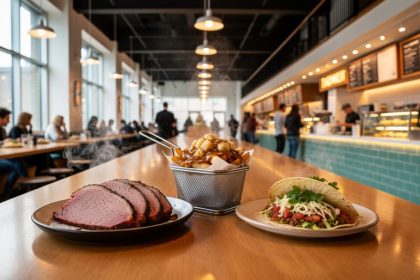 View of a Montreal food hall interior with vendor counters and communal tables, featuring plates of smoked meat, poutine, and tacos under warm lighting.