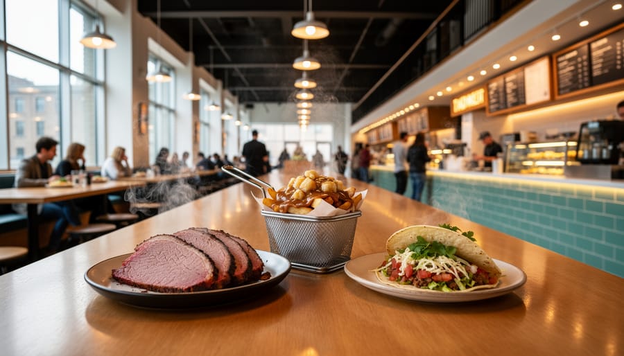 View of a Montreal food hall interior with vendor counters and communal tables, featuring plates of smoked meat, poutine, and tacos under warm lighting.