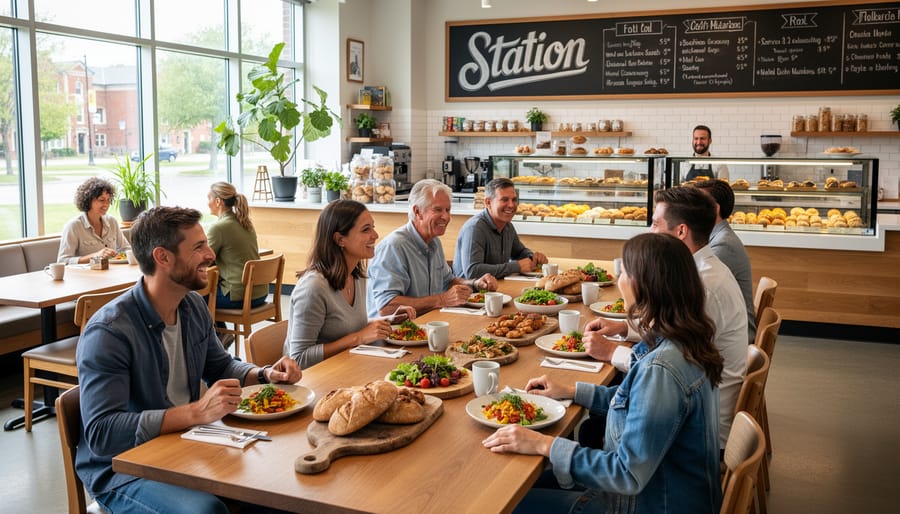 Inside Station showing a vendor booth and communal dining seating in an urban industrial food hall setting.
