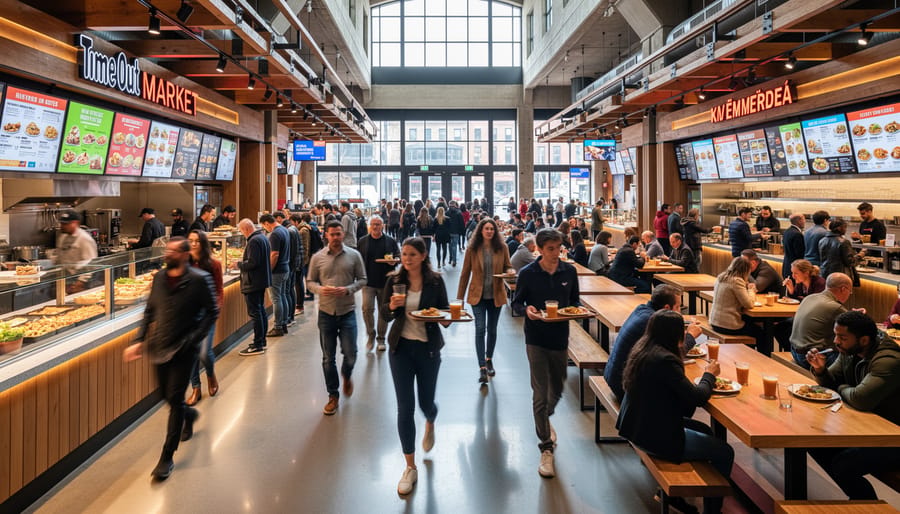 People walking through the interior of Time Out Market Montréal near multiple food vendors and seating.