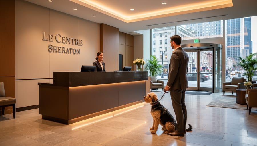 Dog sitting beside a rolling suitcase near the lobby entrance of Le Centre Sheraton Montreal