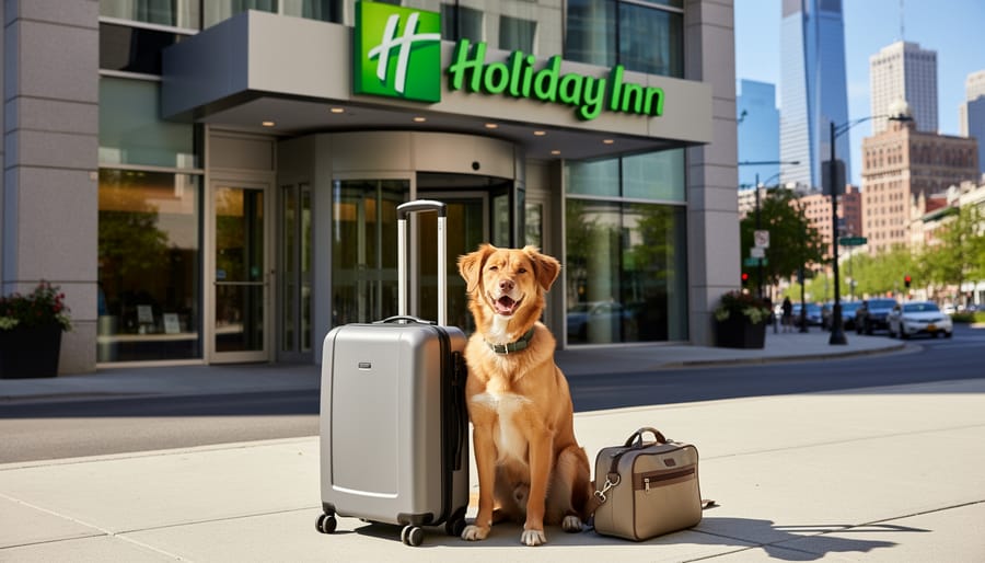 Dog on leash near the entrance of Holiday Inn Montreal Centreville Downtown