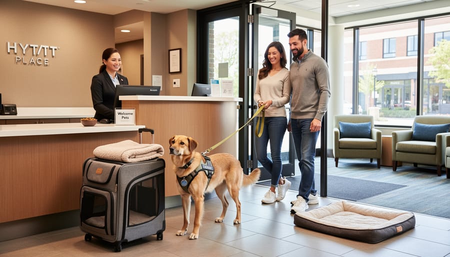 Dog waiting by the door with owner holding leash at Hyatt Place Montreal, Downtown