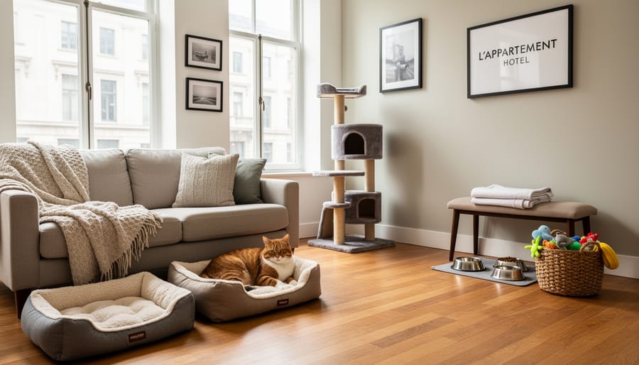 Dog resting in a living area with water bowl at L'Appartement Hotel