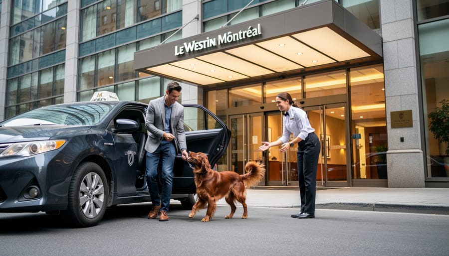 Le Westin Montréal hotel entrance with a dog on leash on the sidewalk