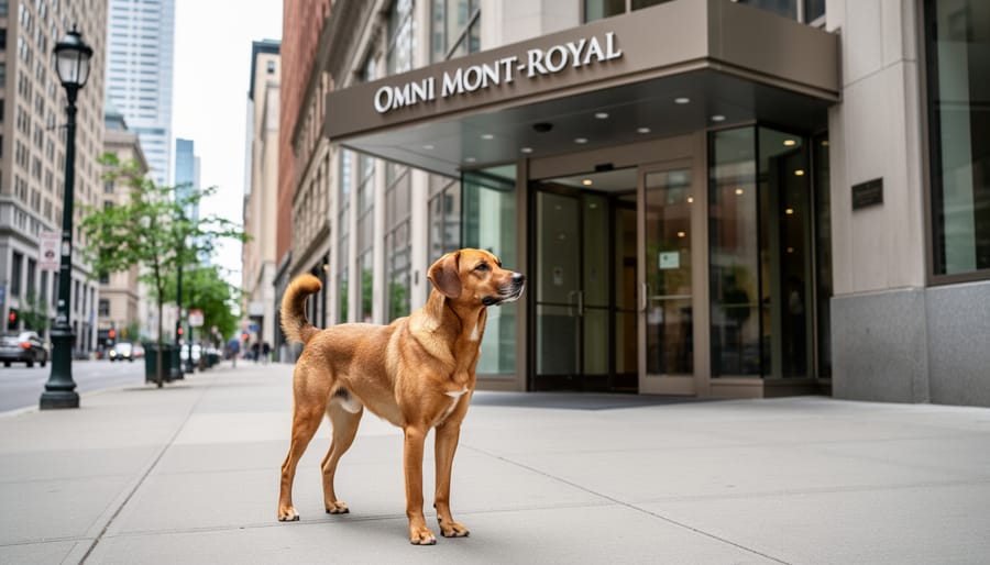 Larger dog sitting near the entrance of Omni Mont-Royal