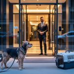 A leashed dog and a cat carrier at a Montreal hotel entrance with warm, inviting lobby lighting in the background